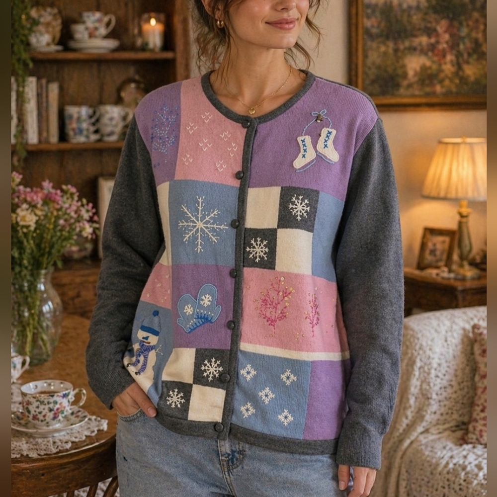 Vintage Tabi Patchwork Sweater Size L Colorful Knit Cardigan Snowflake Winter